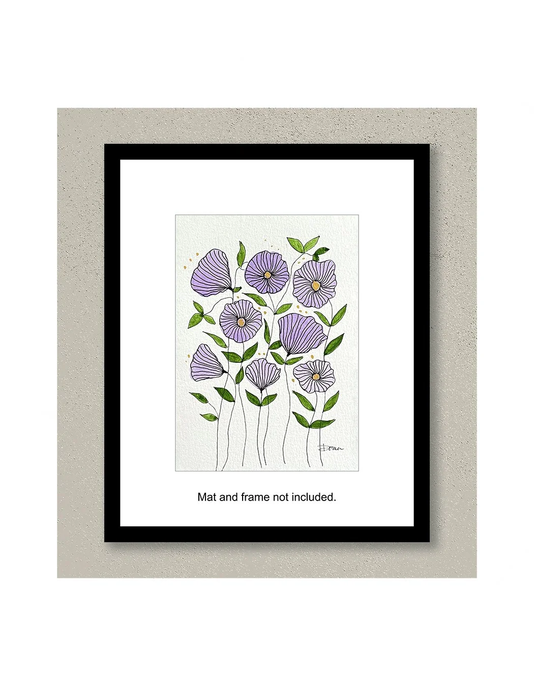 Violet Whimsical Floral Watercolor Painting Framed