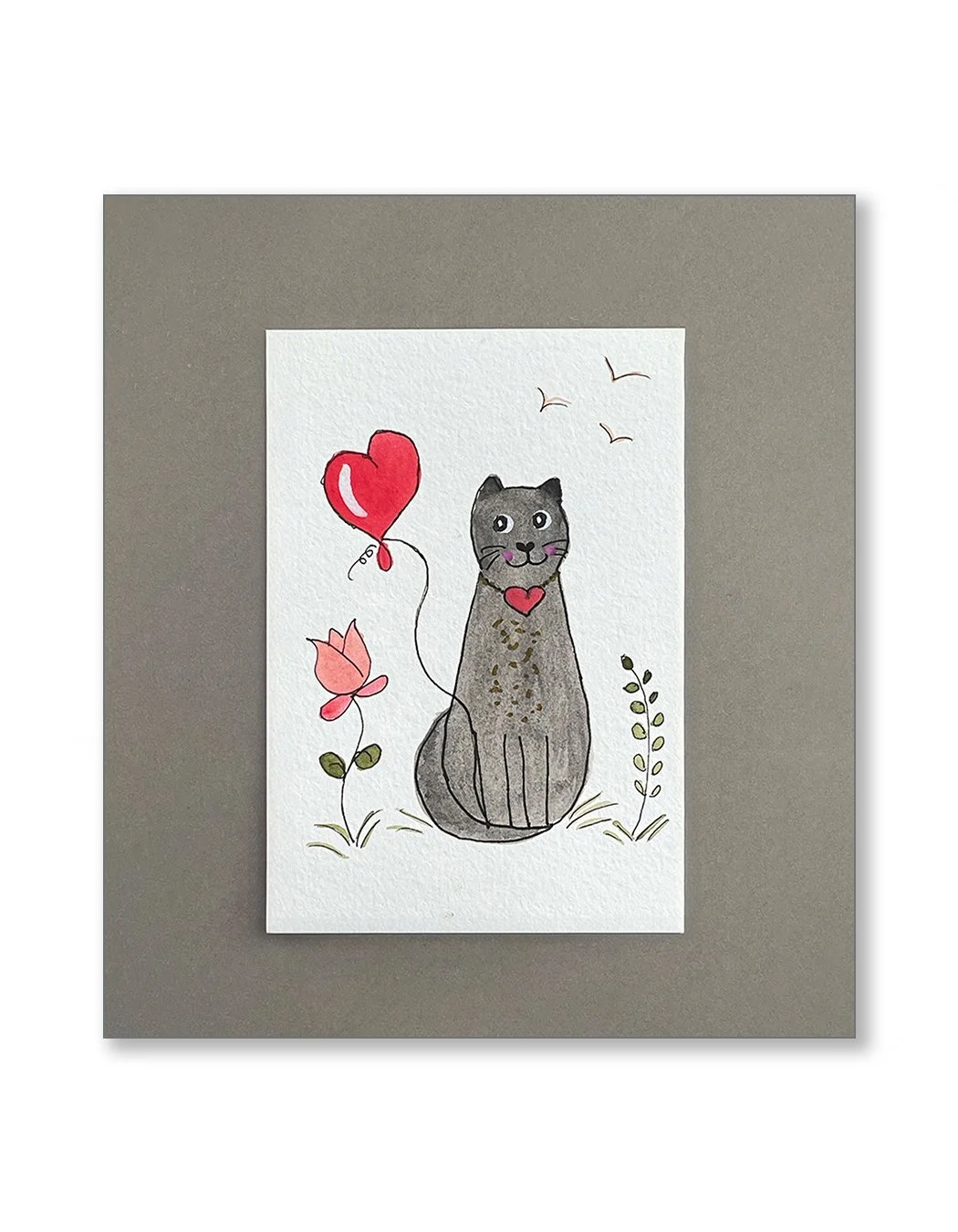 Cat with Heart Balloon Watercolor Notecard