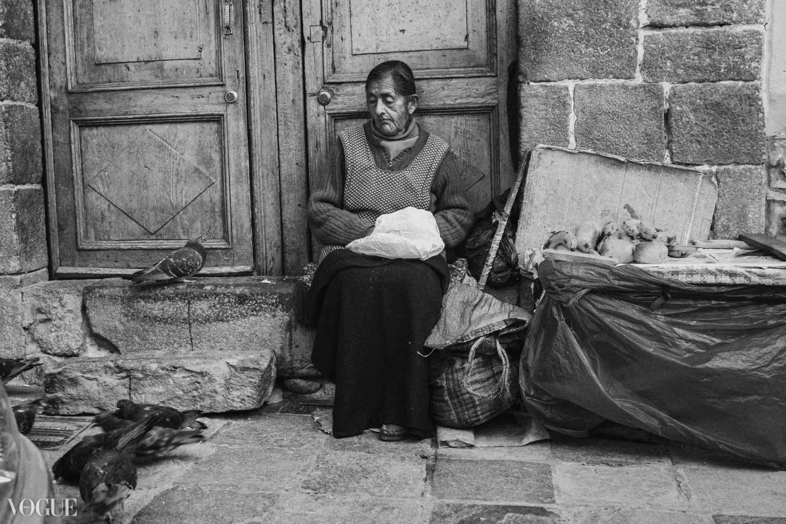 Vegetable Vendor Feeding Pigeons, Cuzco -Peru