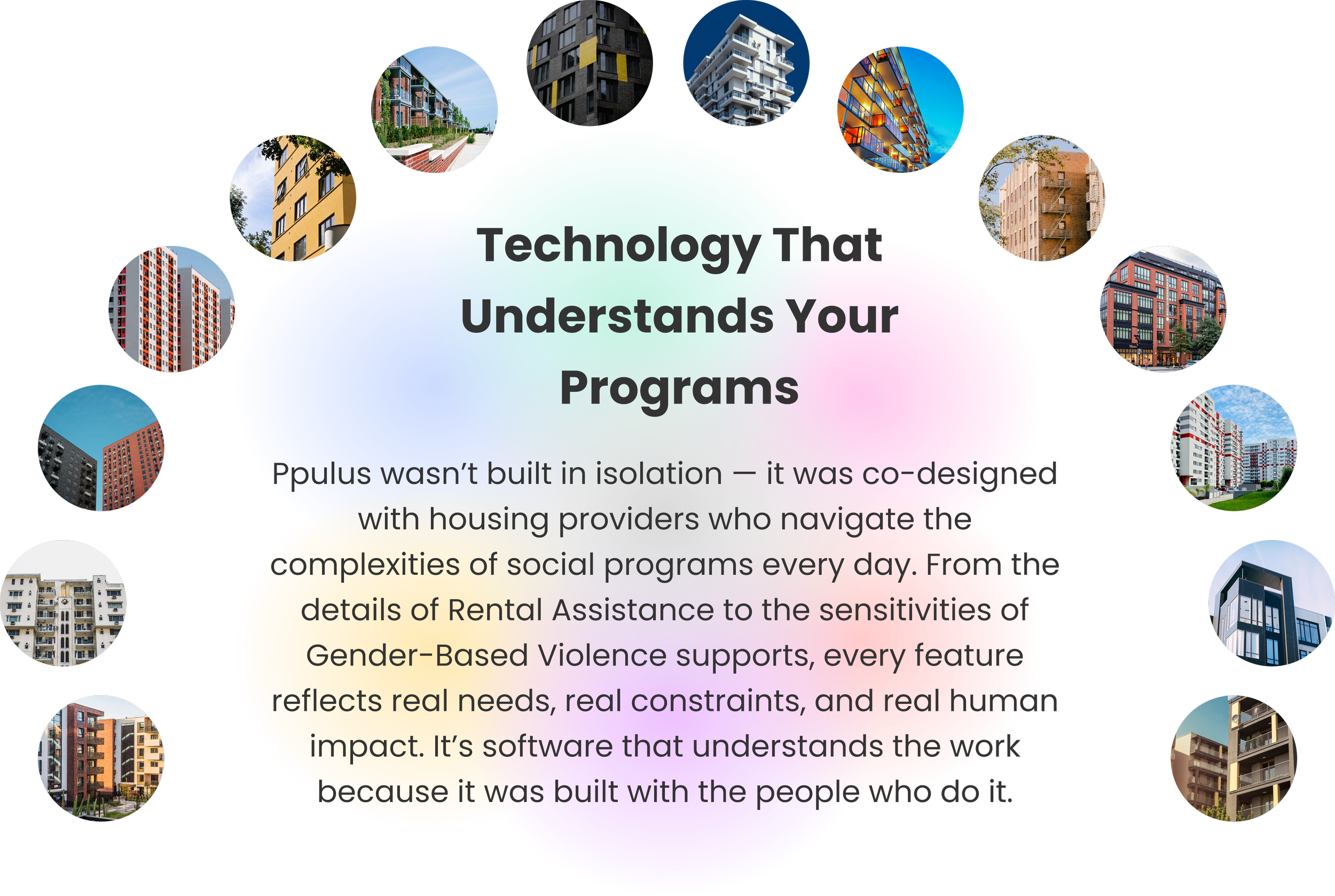 Colorful overlapping circles with text and images of various apartment buildings around a central message about technology and housing programs.