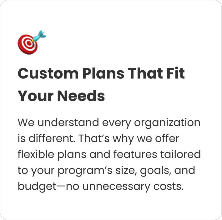 A website or advertisement for customizable plans, featuring a target icon with an arrow on a white background and bold black text stating "Custom Plans That Fit Your Needs," with smaller text explaining tailored plans for organizations.