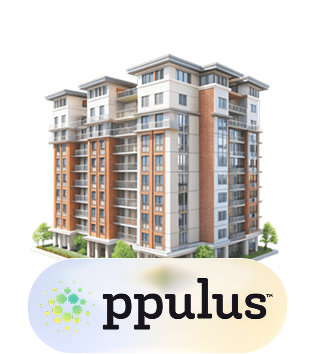 A multi-story residential apartment building with modern architecture and balconies, with the 'ppulus' logo at the bottom.