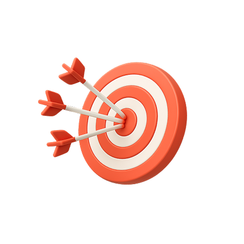 Three arrows hitting the bullseye of a dartboard with concentric circles and a green ribbon extending from the right side.