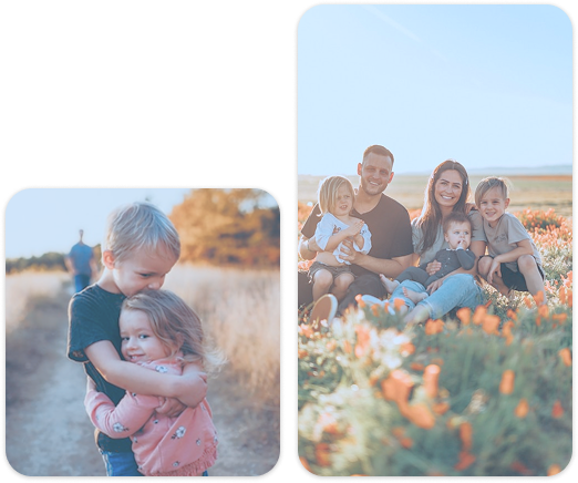 Family of four happily sitting in a colorful field of flowers on a sunny day