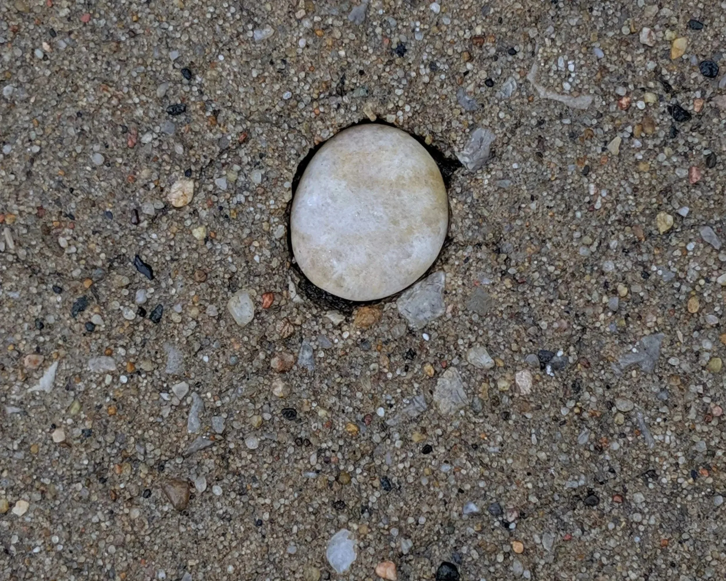 Close-up image of a single round white pebble embedded in sandy ground with small rocks and grains around it.