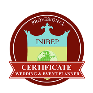 Seal with a red circular border, featuring a light blue banner with the word 'INIBEP' and an image of a globe, and a red ribbon with 'CERTIFICATE WEDDING & EVENT PLANNER' written on it.