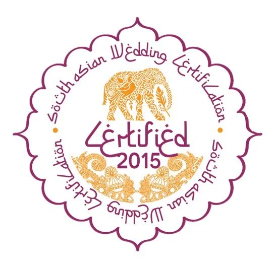Design for a 2015 marriage wedding certification featuring an orange elephant and ornate gold floral patterns, with purple Persian-style script and decorative border.