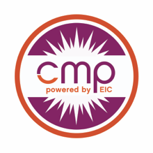 Logo with a purple sunburst background, the letters 'cmp' in lowercase, and the words 'powered by EIC' underneath, all enclosed in a circular border.