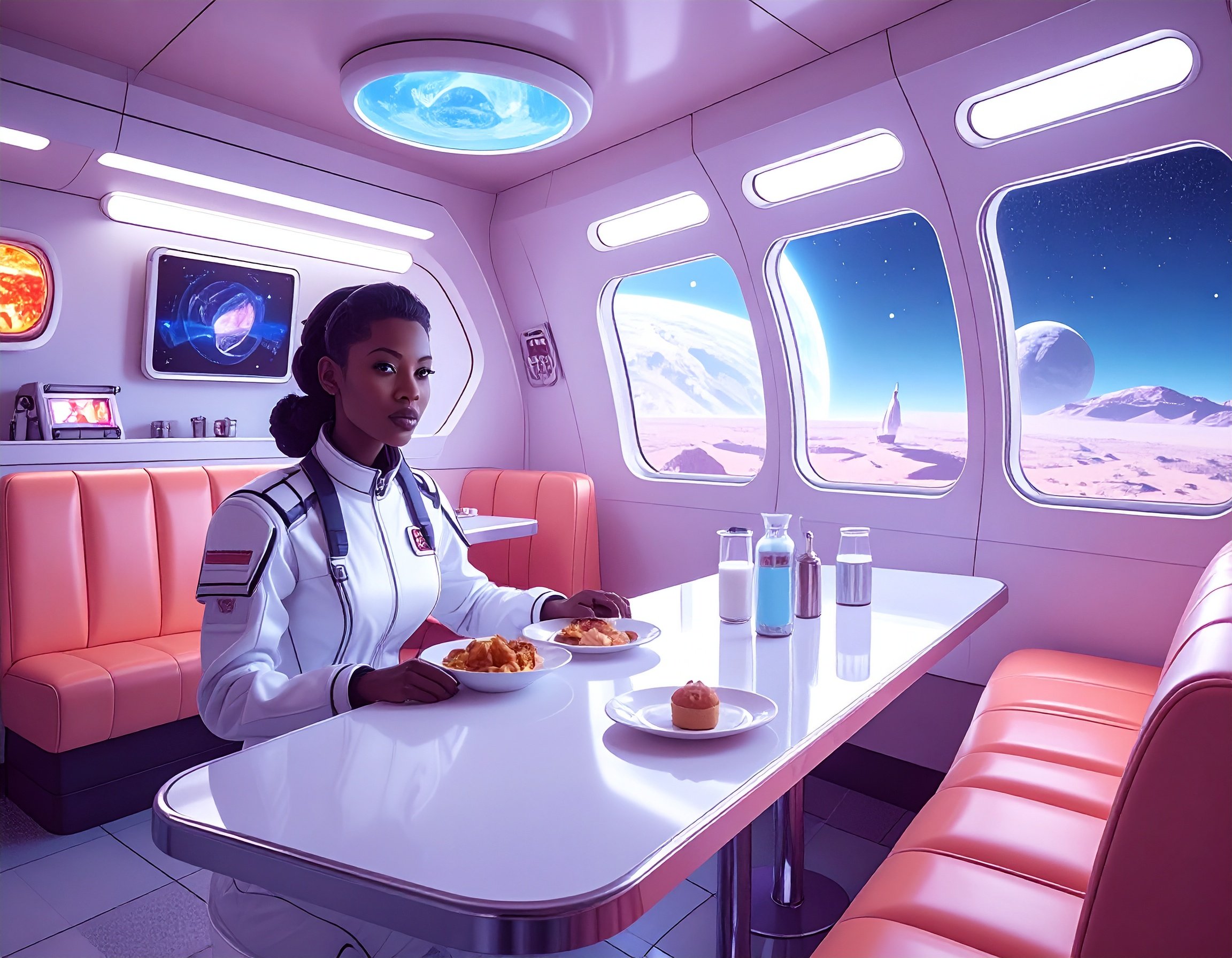 Black female astronaut at breakfast in her spaceship Ai art with firefly
