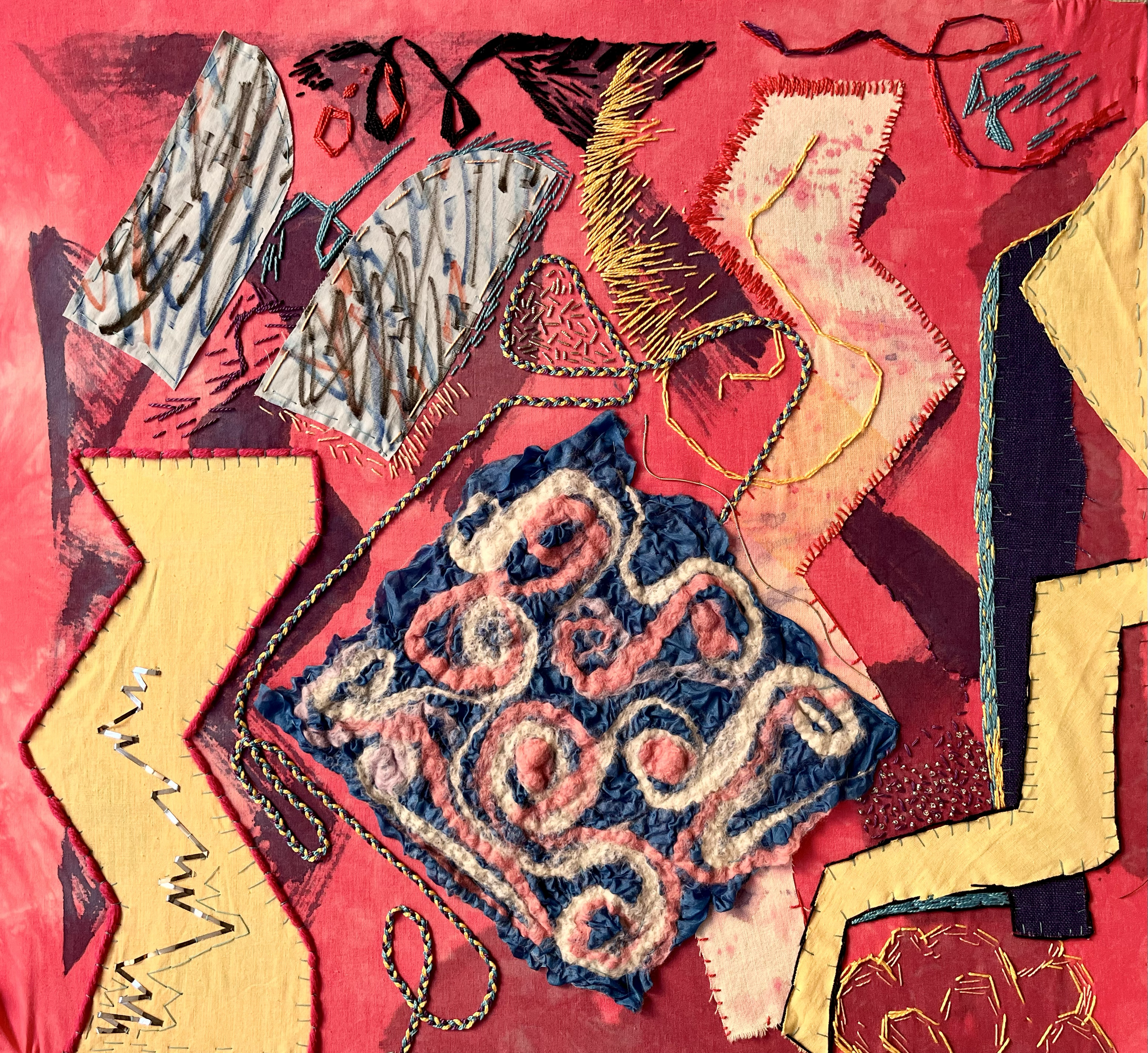 A colourful David Bowie, mixed media embroidery piece