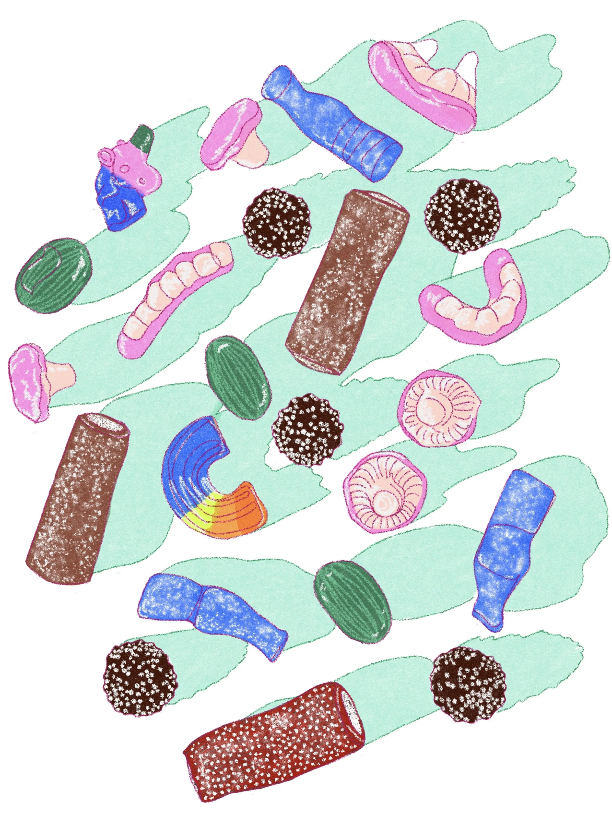 Candy spread out, Swedish godis illustration