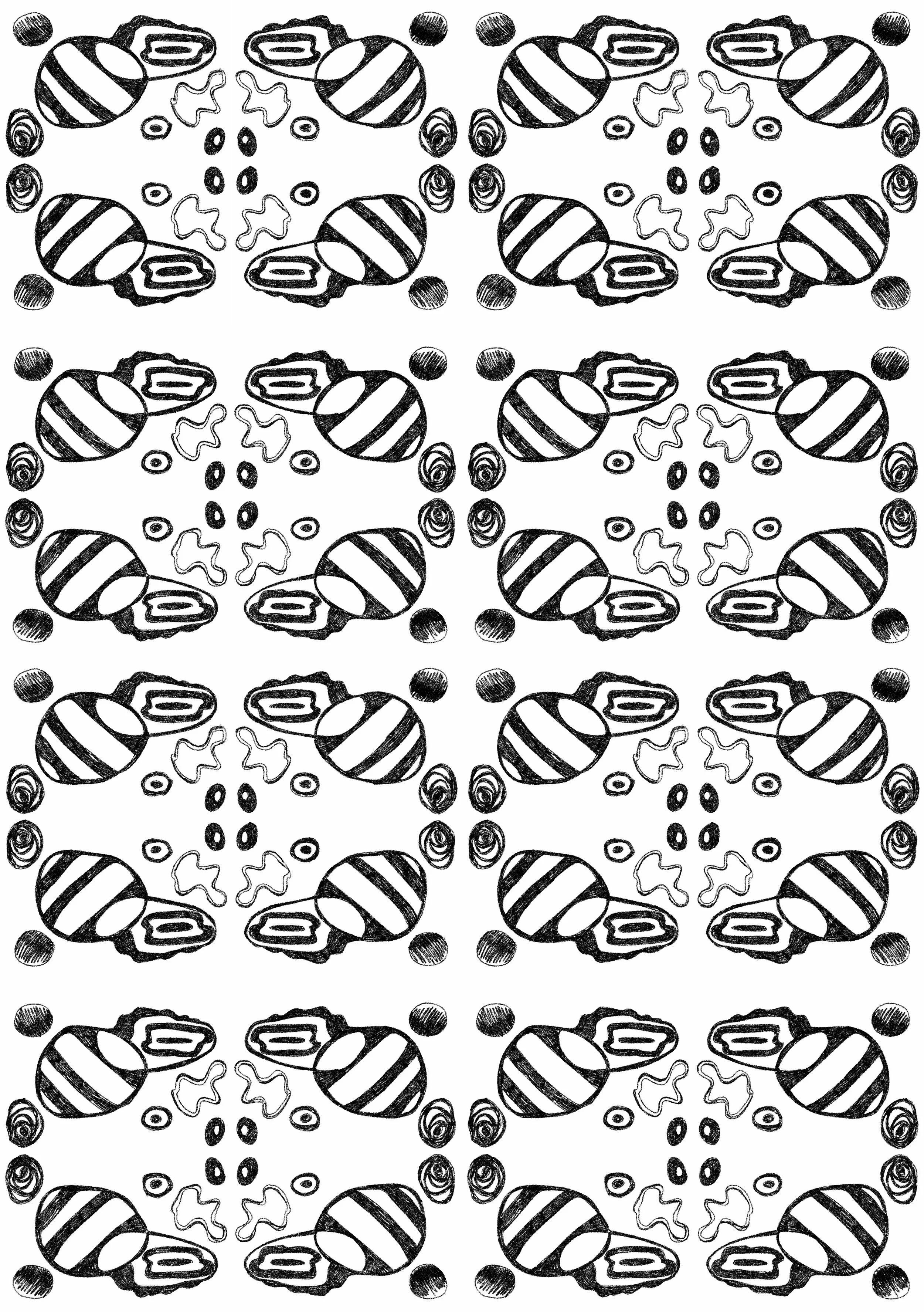 A black-and-white repeating pattern featuringabstract shapes, arranged symmetrically in a tile-like design.