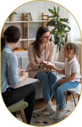 A woman in glasses shaking hands with a young girl in a therapy or counseling session, while a counselor takes notes nearby in a bright, inviting room with a large plant and bookshelf.