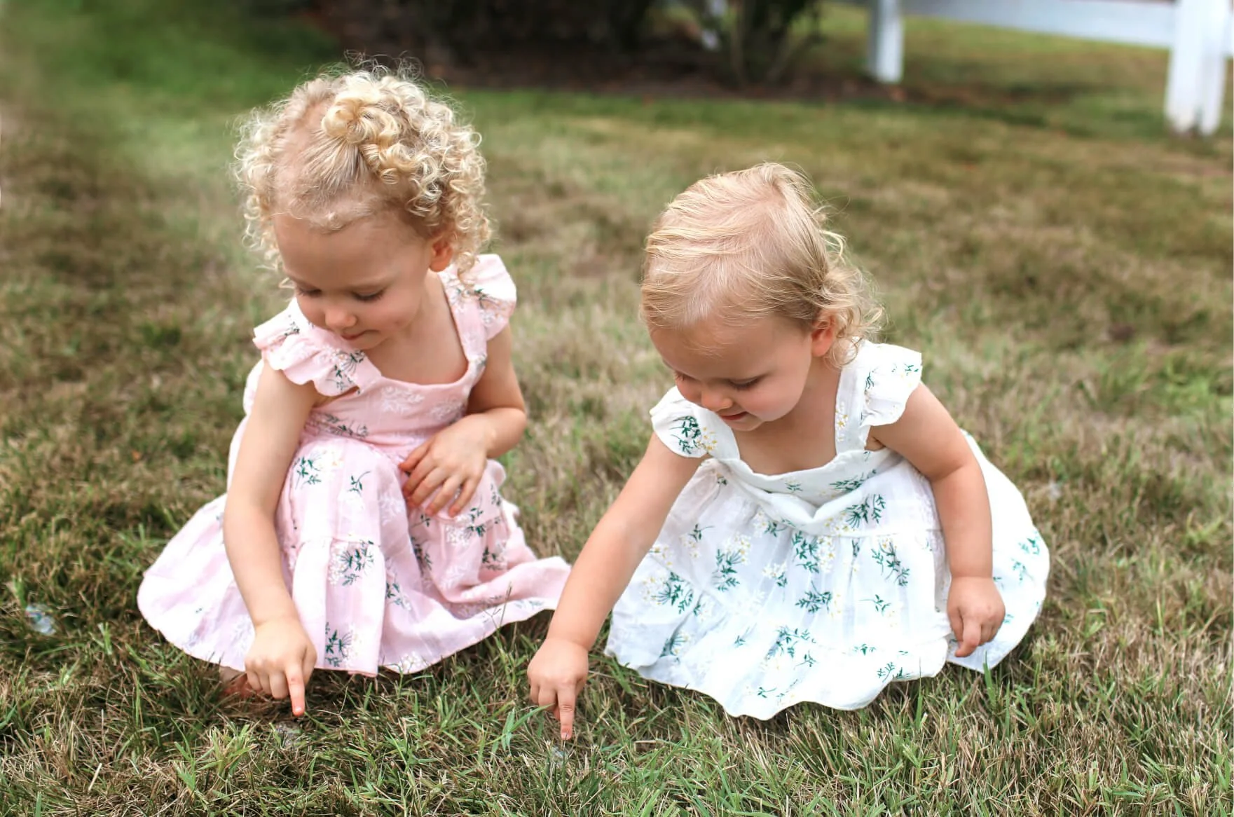 Two young girls with curly hair, one in a pink dress and the other in a white dress, crouching on grass in a yard, pointing at something on the ground.
