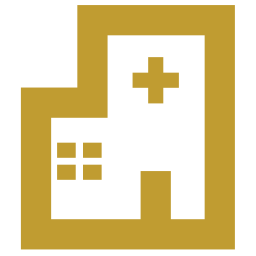A stylized, pixelated icon of a hospital building in gold and black.