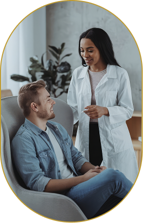 A healthcare professional speaking with a male patient in a modern clinic or hospital setting.