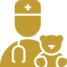 Icon of a medical professional with a stethoscope and a teddy bear.