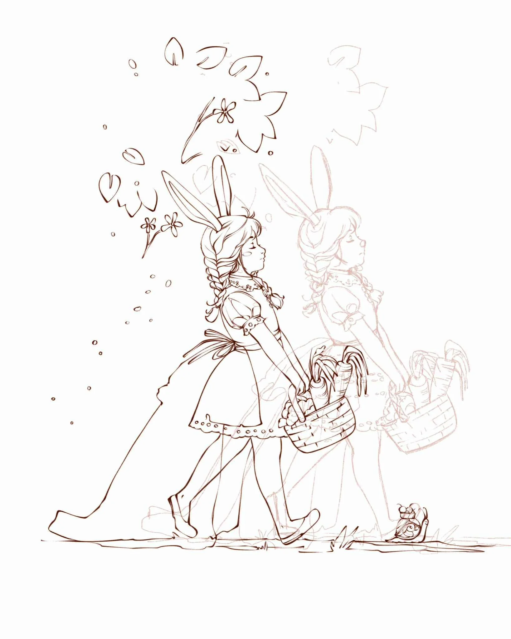 Mamzely Boitro walks outside with her eyes closed, deep in thought after filling her basket with vegetables. Sketch version