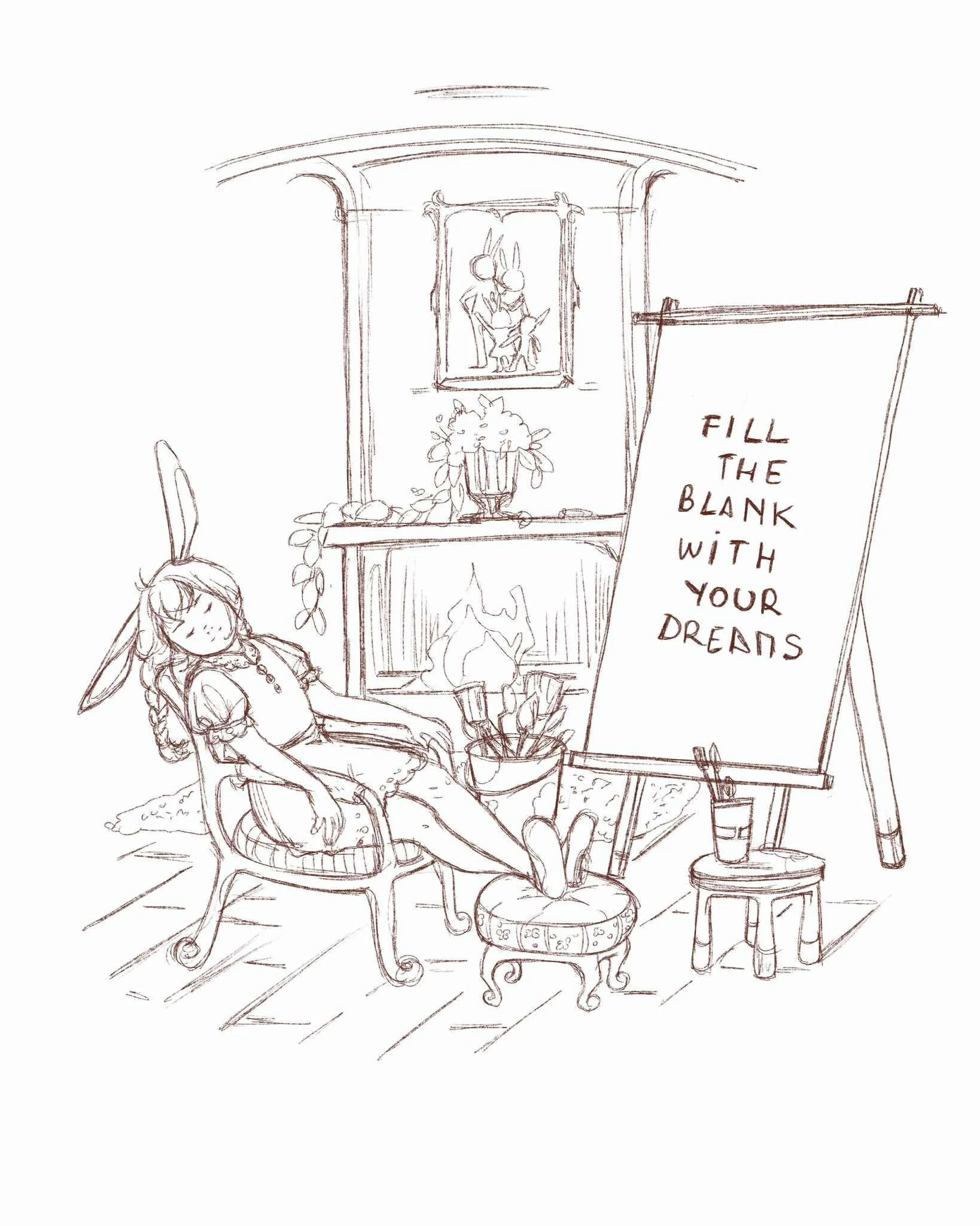 Mamzely Bitro falling asleep in the living room after painting, near the fireplace. sketch version