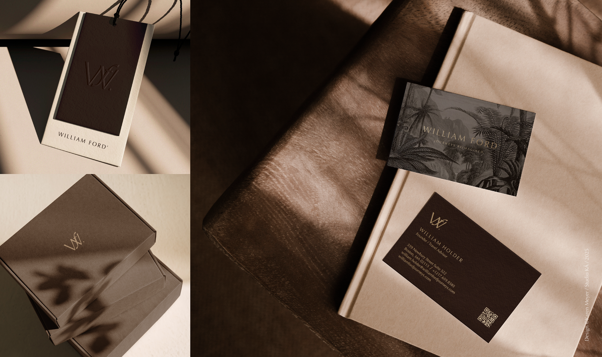 Multiple William Ford branded boxes and packaging, including a black envelope with a gold embossed logo, a brown paper bag with a black tag, and printed materials with the William Ford logo and branding, arranged on a textured surface with warm lighting.