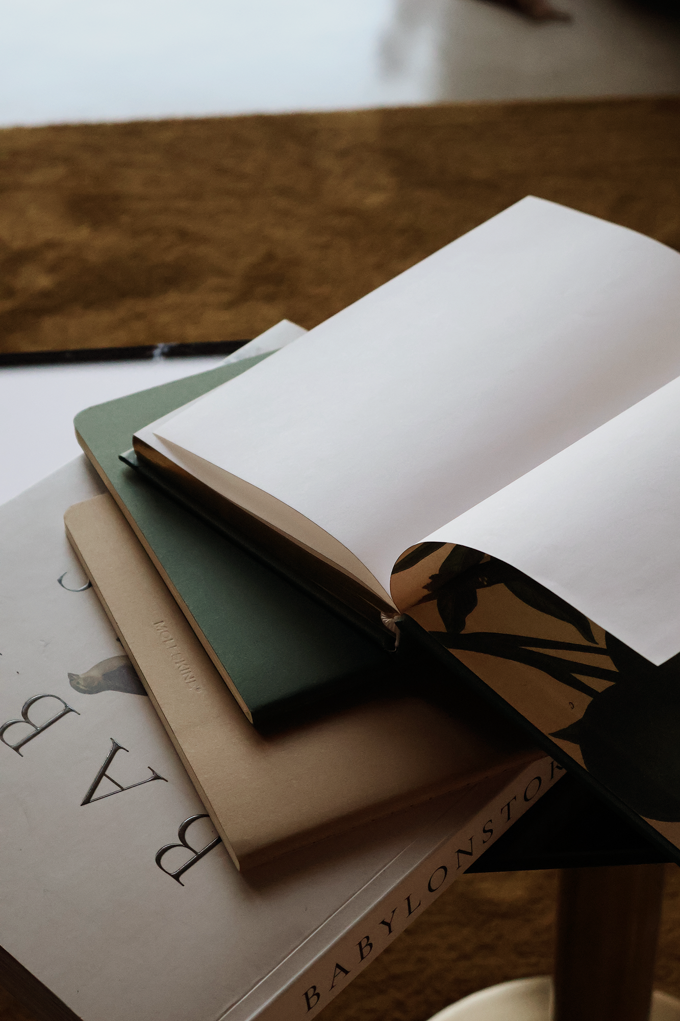 Stack of books on a table, one with blank pages open, and a printed sheet with partial text and a paw illustration underneath.