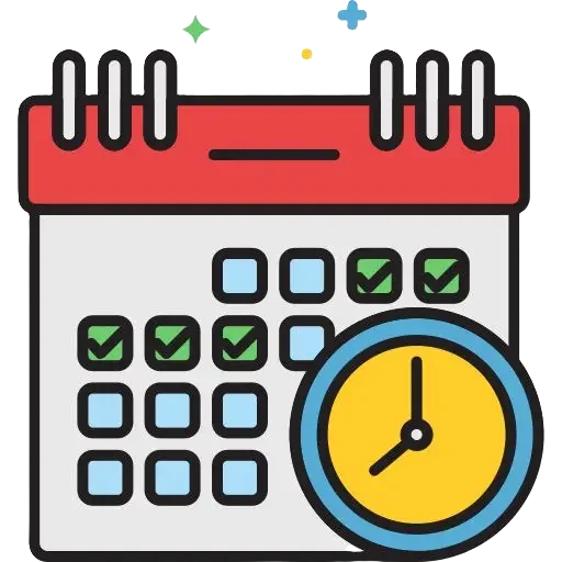 Calendar and clock illustration – select rental dates and delivery location for baby equipment.