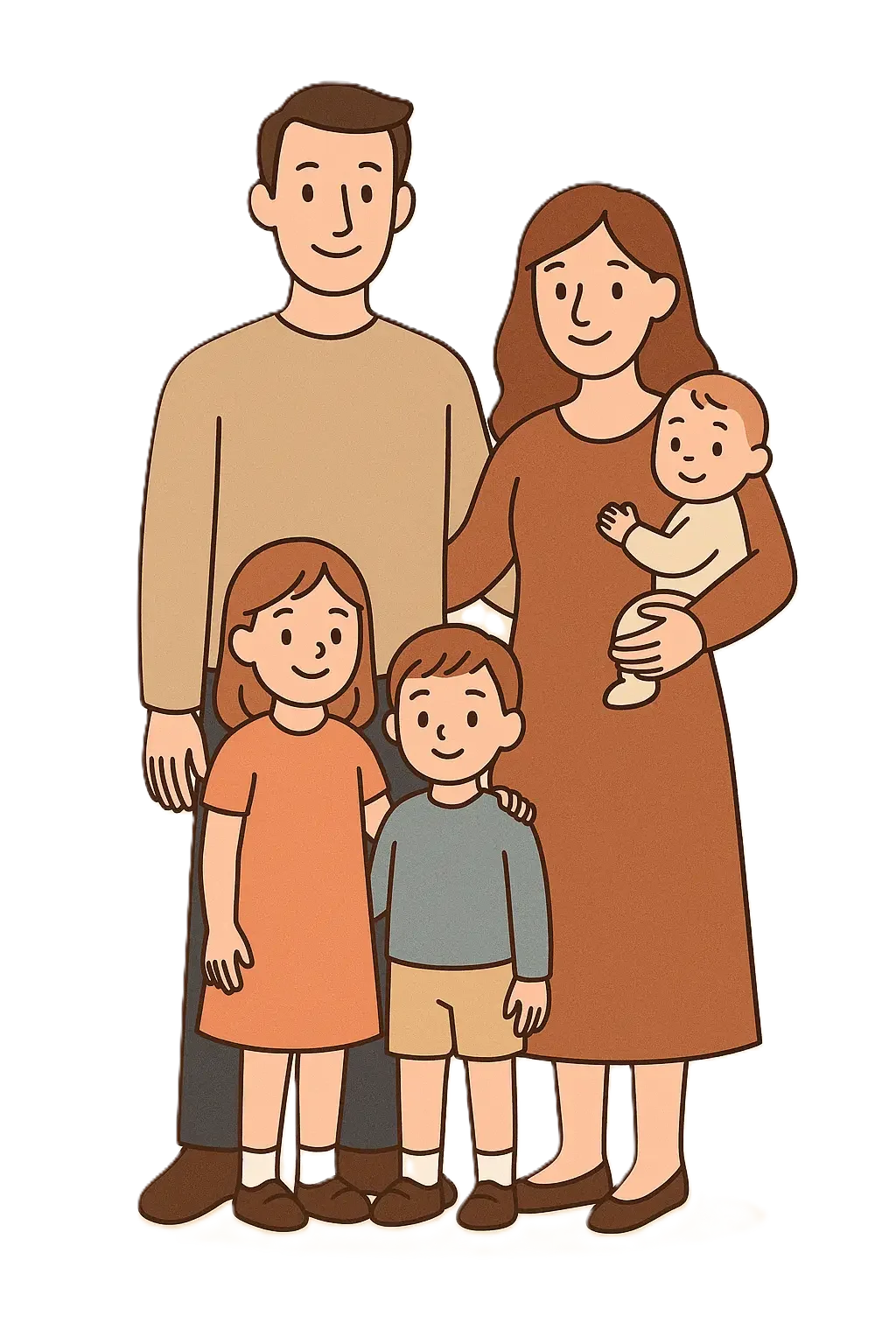 Illustration of a happy family with three children – BabyNomad baby gear rental service in Croatia.