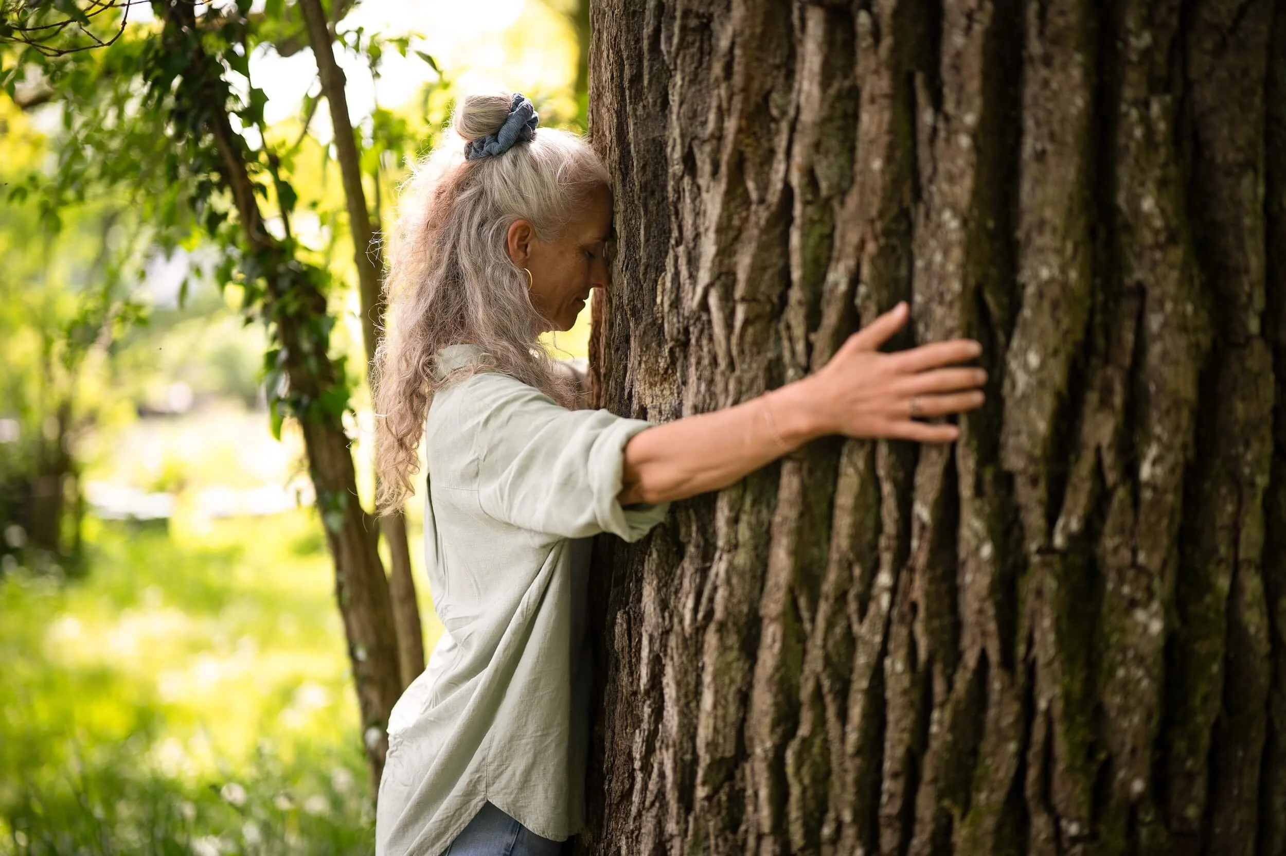 Eine Frau umarmt einen Baum in einem grünen, sonnigen Park.