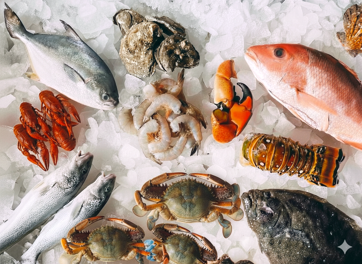 Fresh Gulf seafood on ice, including snapper, shrimp, spiny lobster, blue crab, oysters, and crawfish.