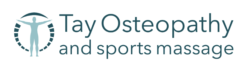 Logo of Tay Osteopathy and sports massage featuring a stylized human figure with arms outstretched, surrounded by a circular design, with text to the right that says 'Tay Osteopathy and sports massage'.