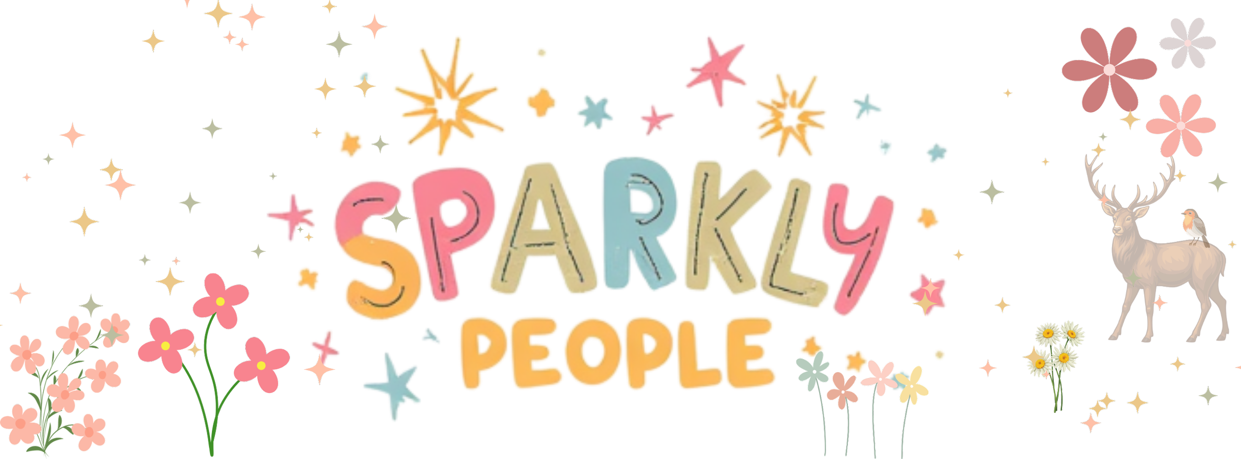 Colorful text saying "Sparkly People" with decorative flowers, stars, a reindeer with a bird on its antlers, and pink flowers in a festive, whimsical design.