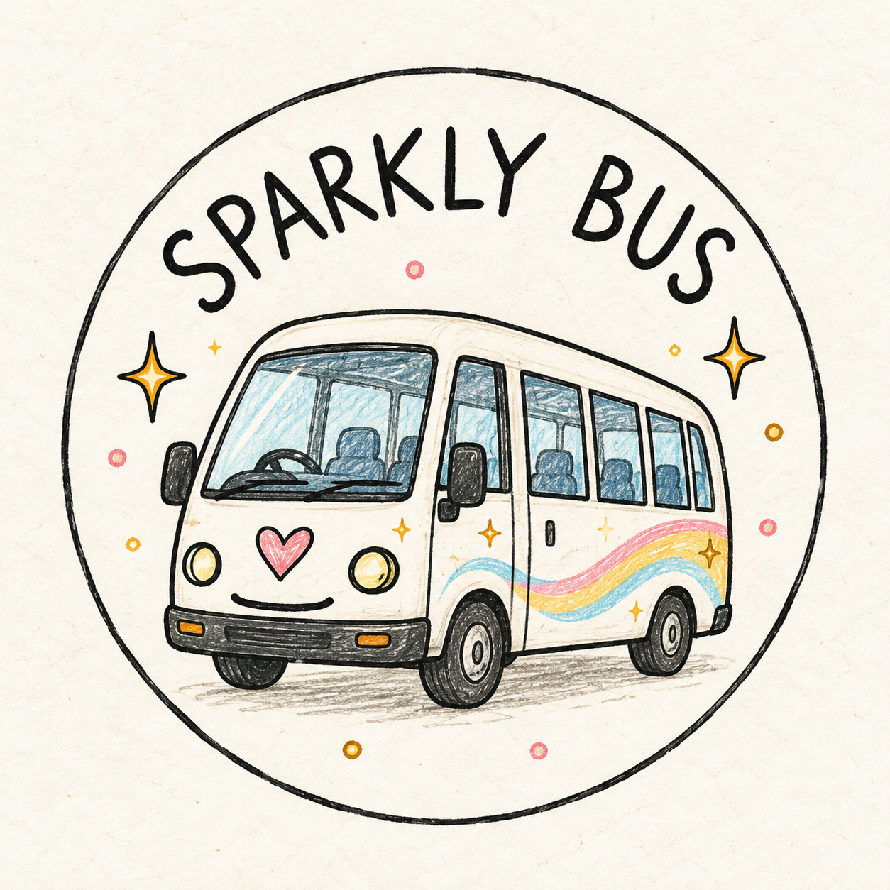 Hand-drawn illustration of a cheerful white shuttle bus with a heart, colorful rainbow waves, and sparkles, labeled “SPARKLY BUS.”