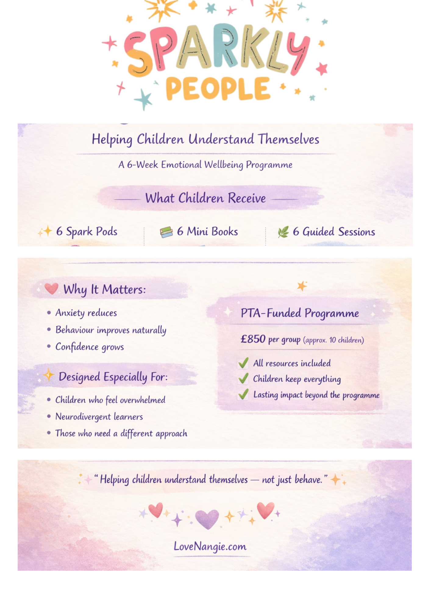 A promotional flyer for Sparky People, an emotional wellbeing program for children, providing information about the program's benefits, target audience, and costs, with colorful, pastel-themed design and heart, star, and sparkle illustrations.