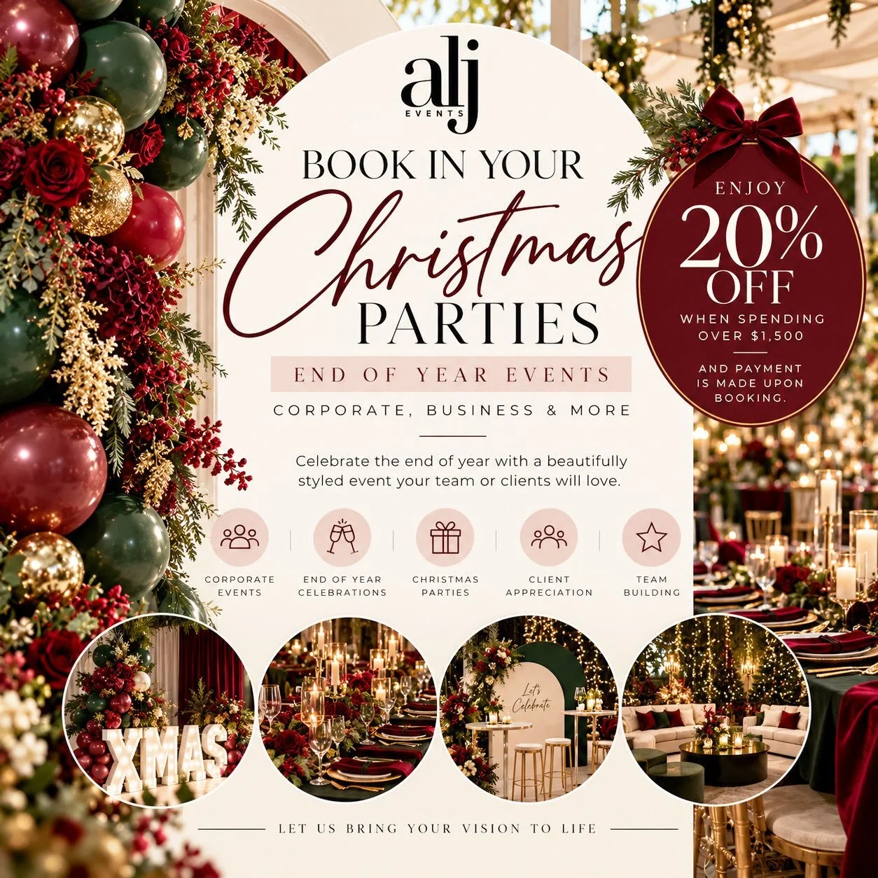 🎄 Christmas &amp; End of Year Bookings are OPEN! ✨

Planning your work Christmas party, corporate celebration, client event or end-of-year get-together? Let ALJ Events bring it all together with styling designed to make your celebration unforgettabl