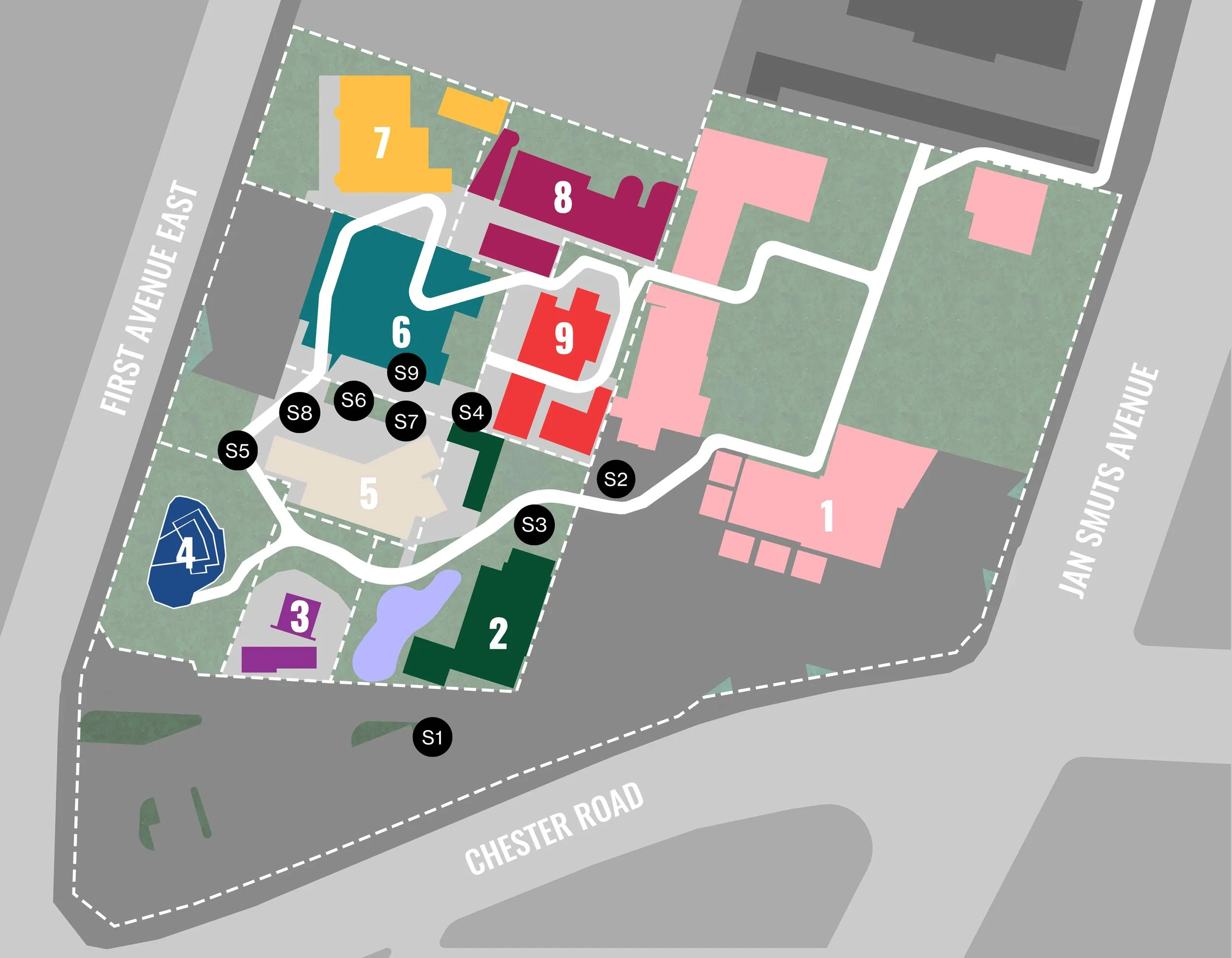 A colorful map of a building complex with numbered sections and pathways, bordered by streets labeled First Avenue East and Chester Road.