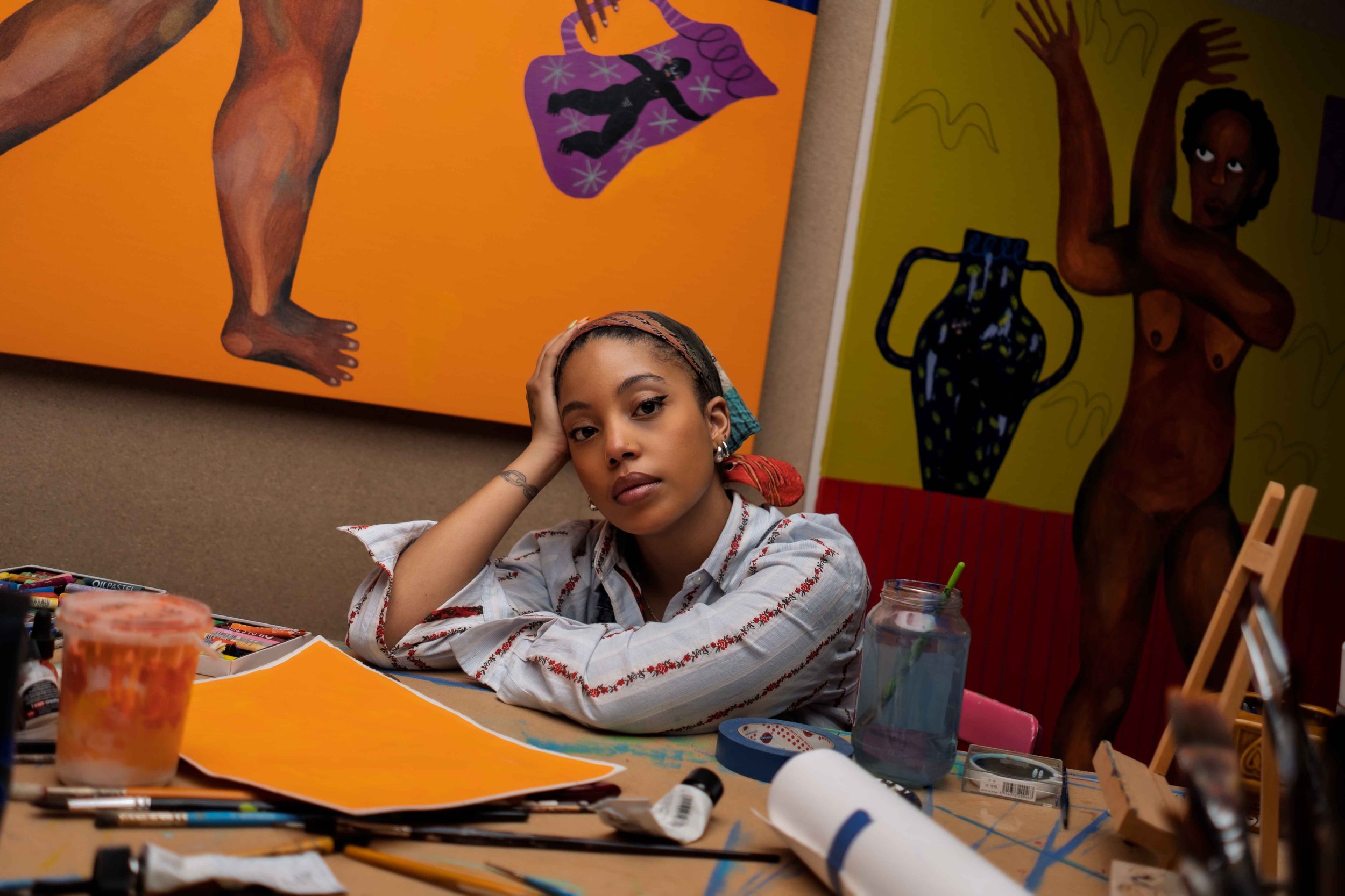 Boemo Diale, kumalo turpin gallery artist, in studio, Johannesburg, South Africa. Portrait of the artist Boemo Diale..