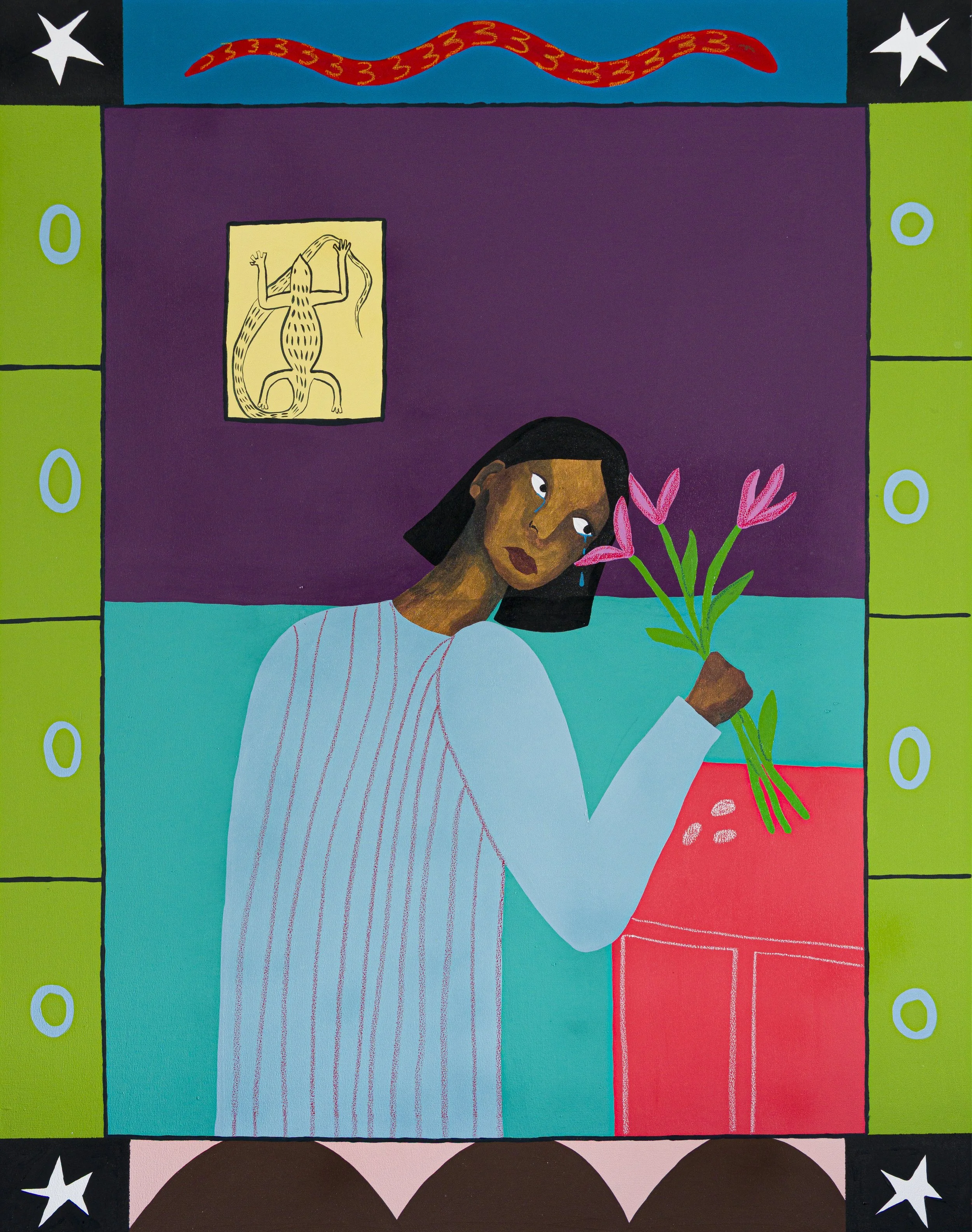 Black woman holding a bunch of pink flowers with a colourful boarder, wearing a blue dress, with a drawing of a crocodile in yellow and black in the background hanging against a purple wall