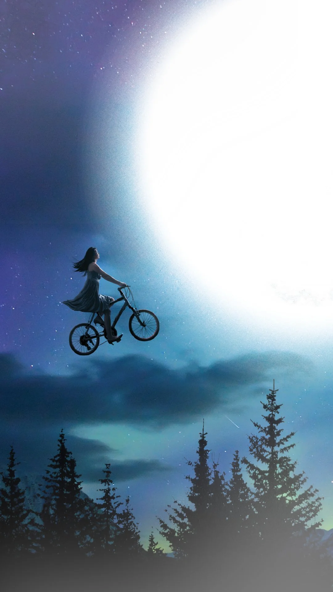 A woman in a flowing dress riding a bicycle in space with stars and a bright light or nebula background.