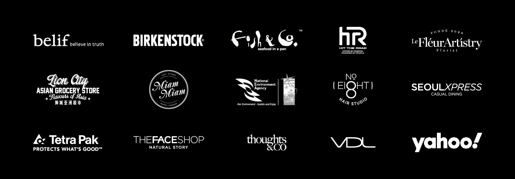 A black background with multiple white logos of various brands and companies arranged in rows.