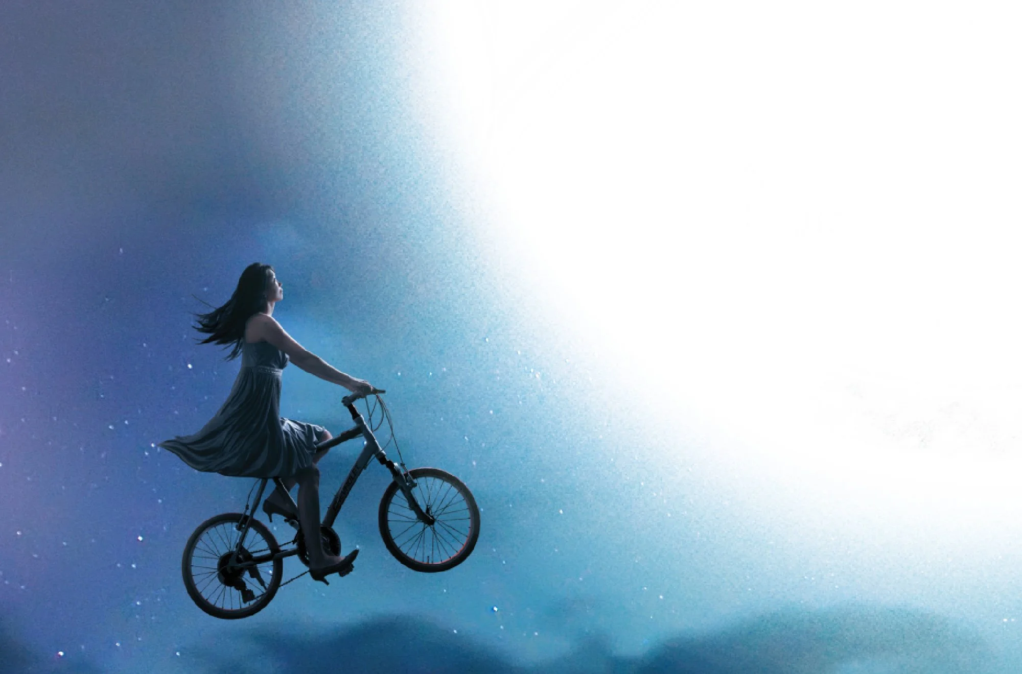 A woman in a flowing dress riding a bicycle in space with stars and a bright light or nebula background.