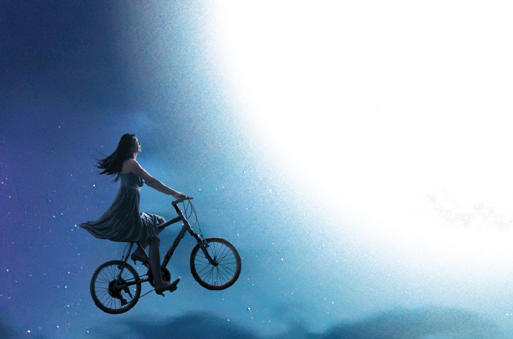 A woman in a flowing dress riding a bicycle in space with stars and a bright light or nebula background.
