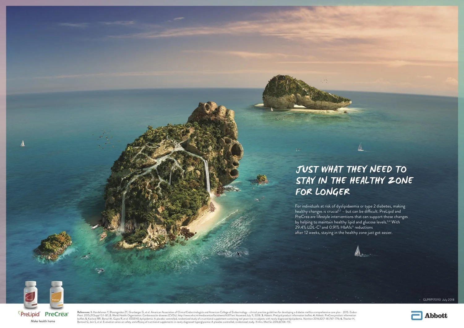 3D rendered island resembling a human heart, symbolizing cardiovascular health in a pharmaceutical campaign for Abbott’s Prelipid and PreCrea.