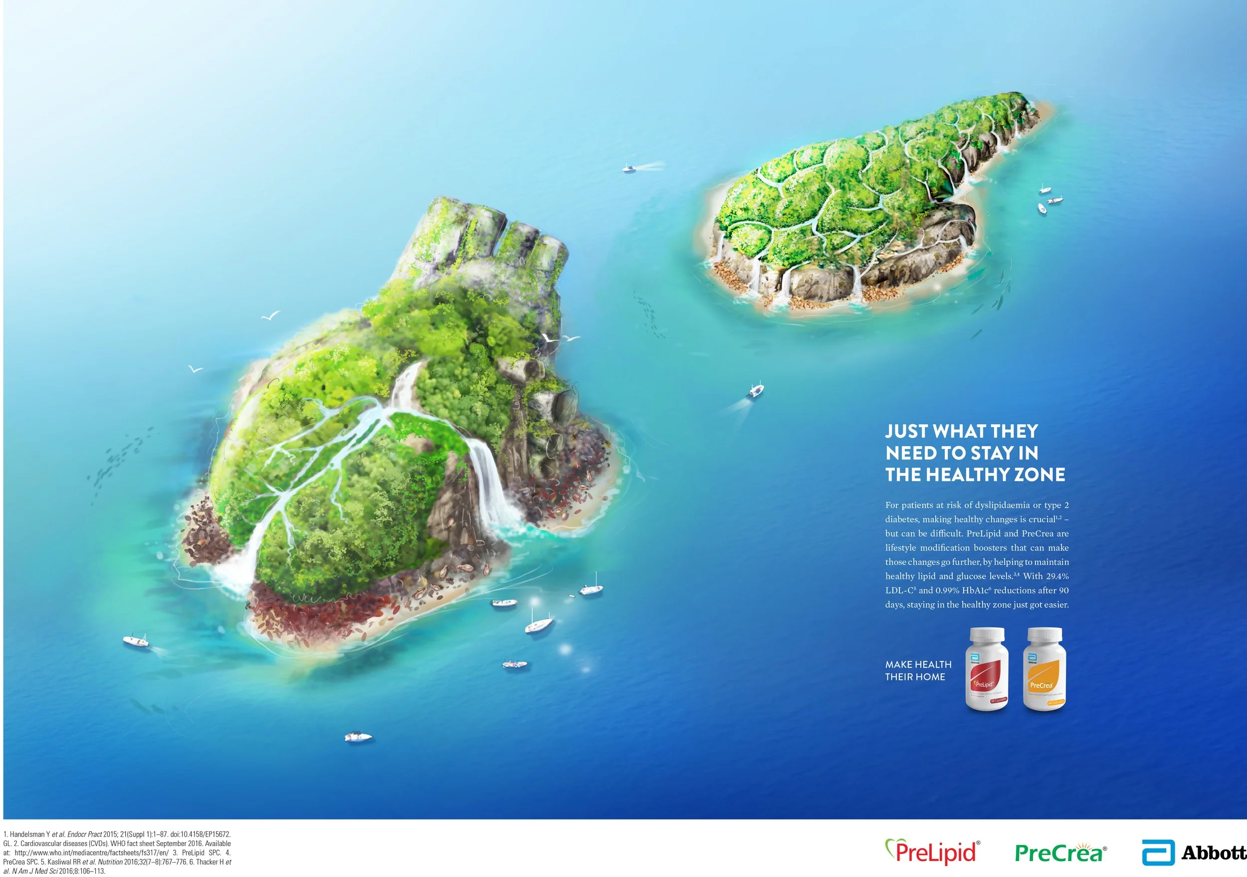 3D rendered island resembling a human heart, symbolizing cardiovascular health in a pharmaceutical campaign for Abbott’s Prelipid and PreCrea.