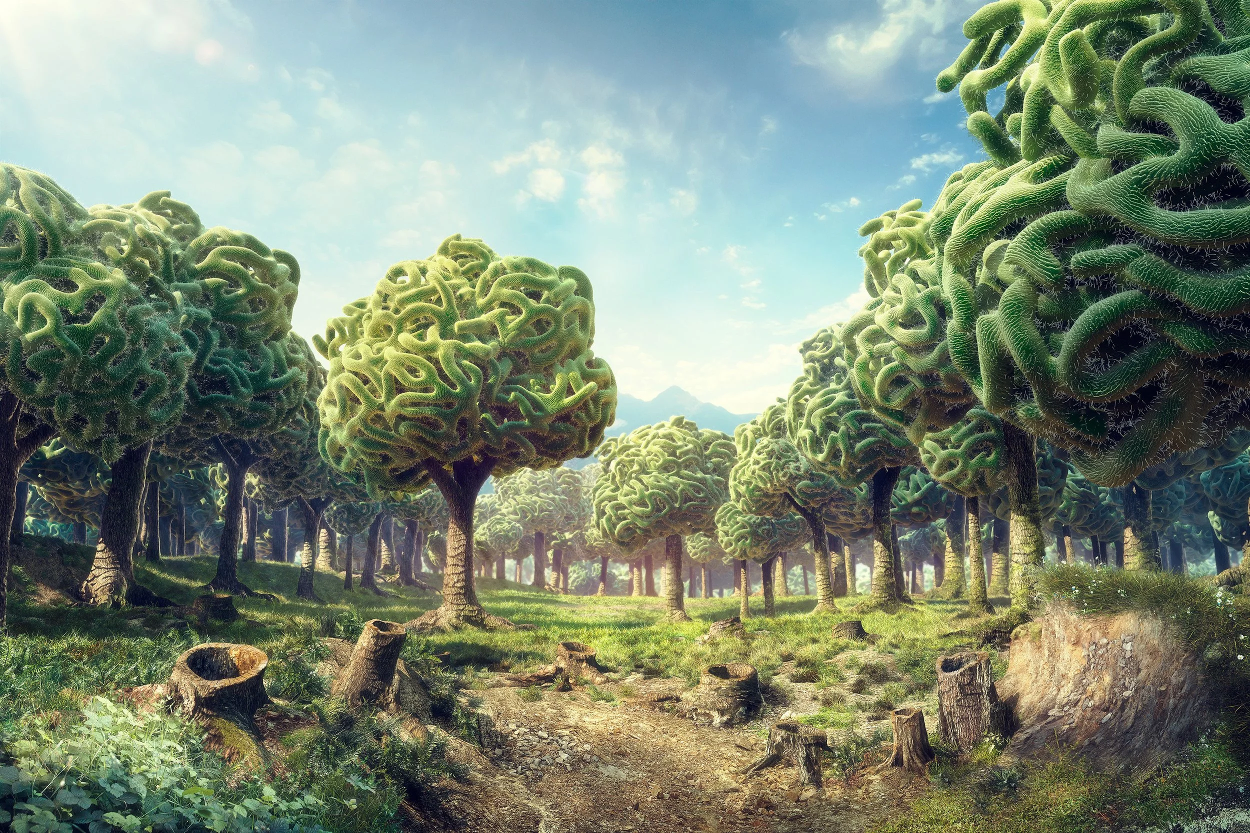 CGI forest scene featuring kidney-inspired trees with nephron-shaped canopies, symbolizing polycystic kidney disease.