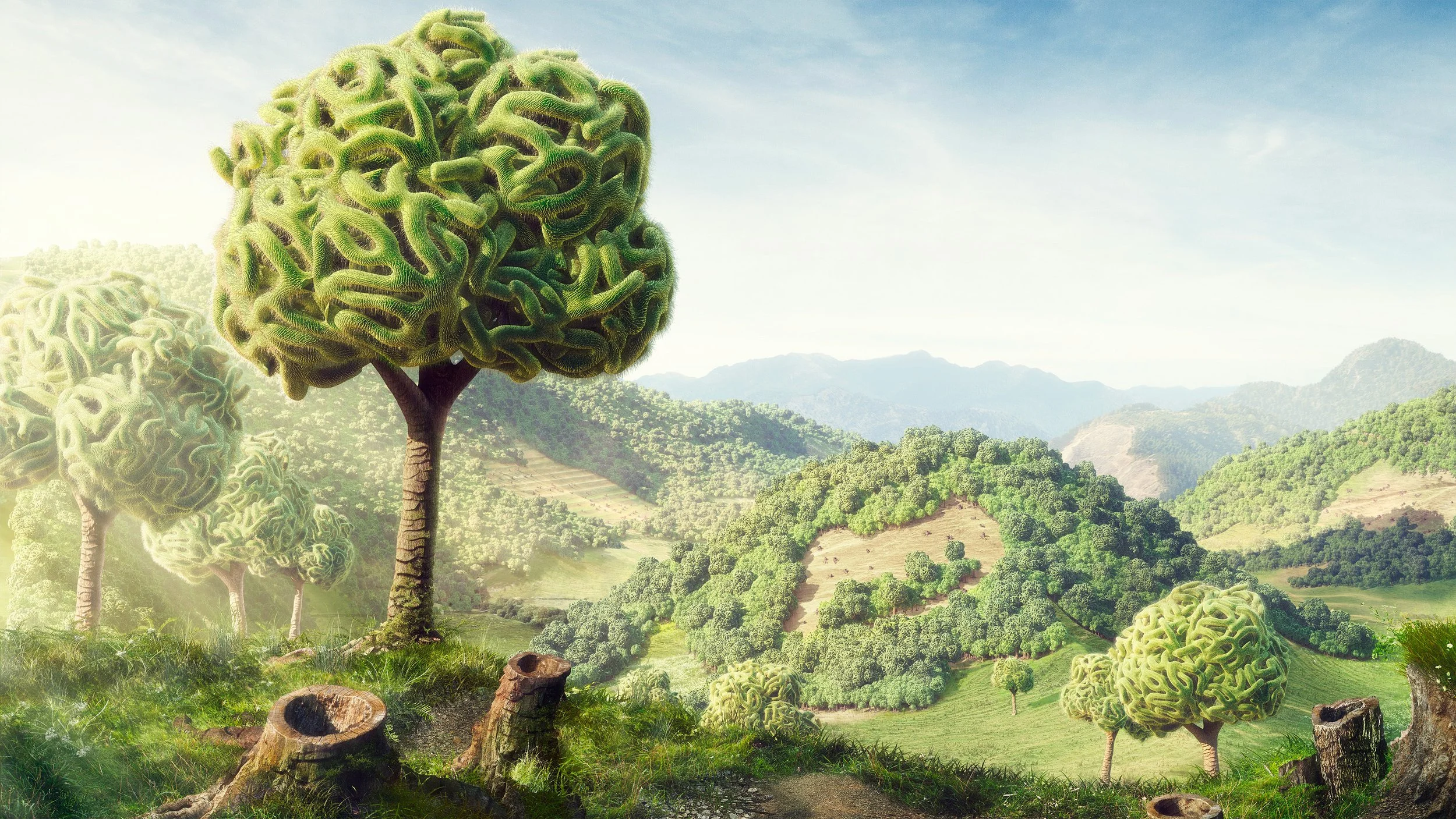 3D rendered landscape with a kidney-inspired tree and valley of nephron-shaped forests, created for a pharmaceutical campaign.