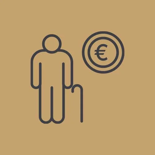Outline of an elderly person with a cane next to a Euro symbol coin on a beige background.