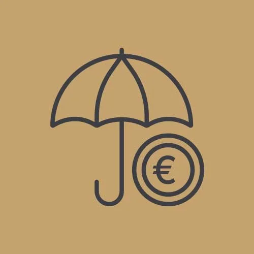 Icon of an umbrella and a Euro currency coin on a beige background.