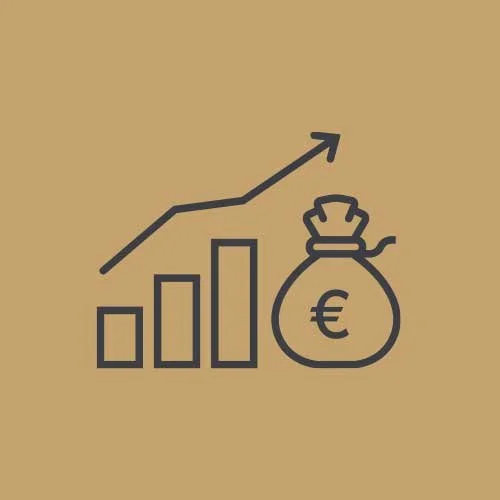 Graph showing upward trend next to a money bag with euro symbol