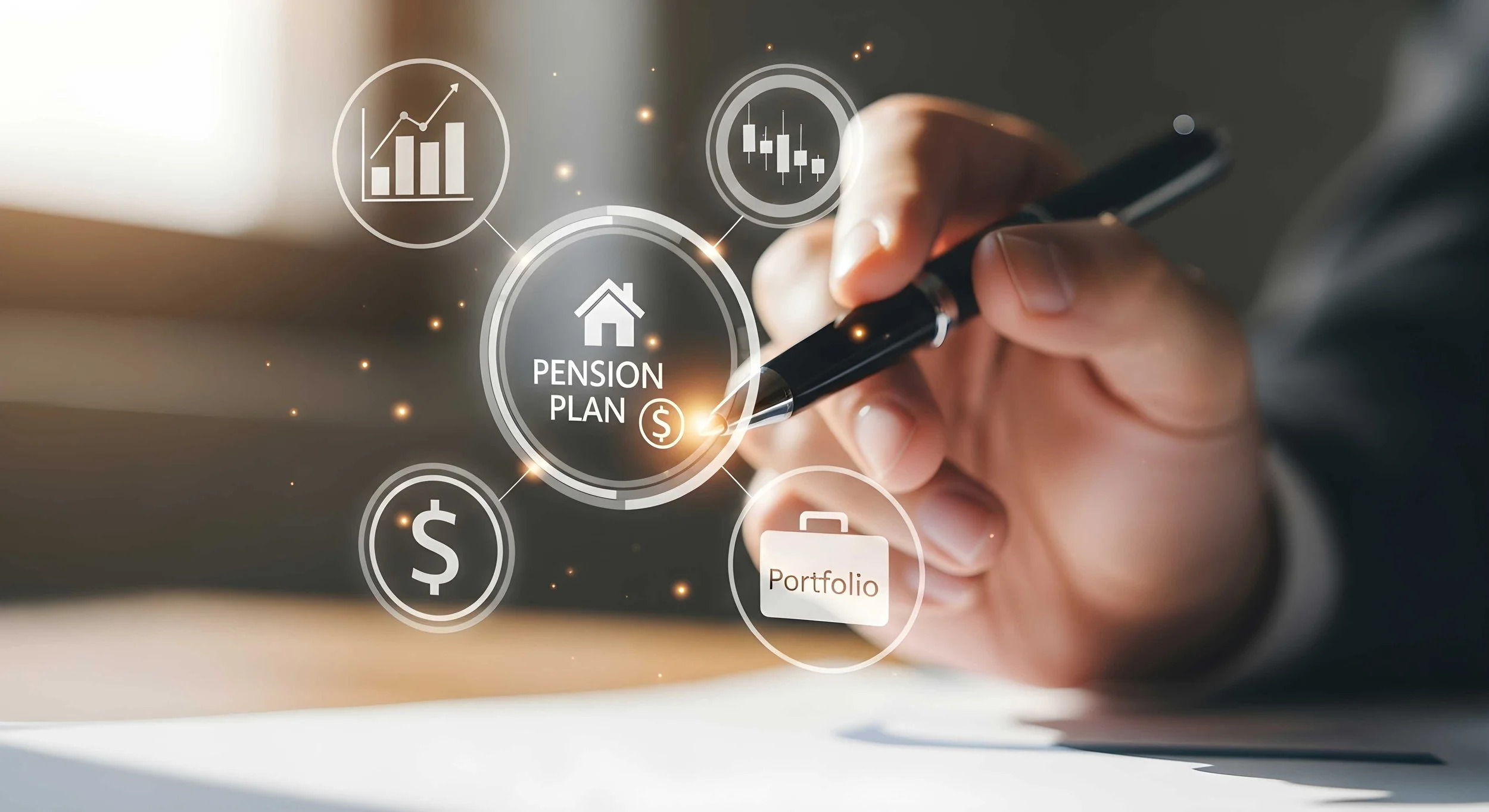 Person drawing a digital icon for pension plan on a screen, surrounded by icons for charts, dollar signs, portfolio, and house.