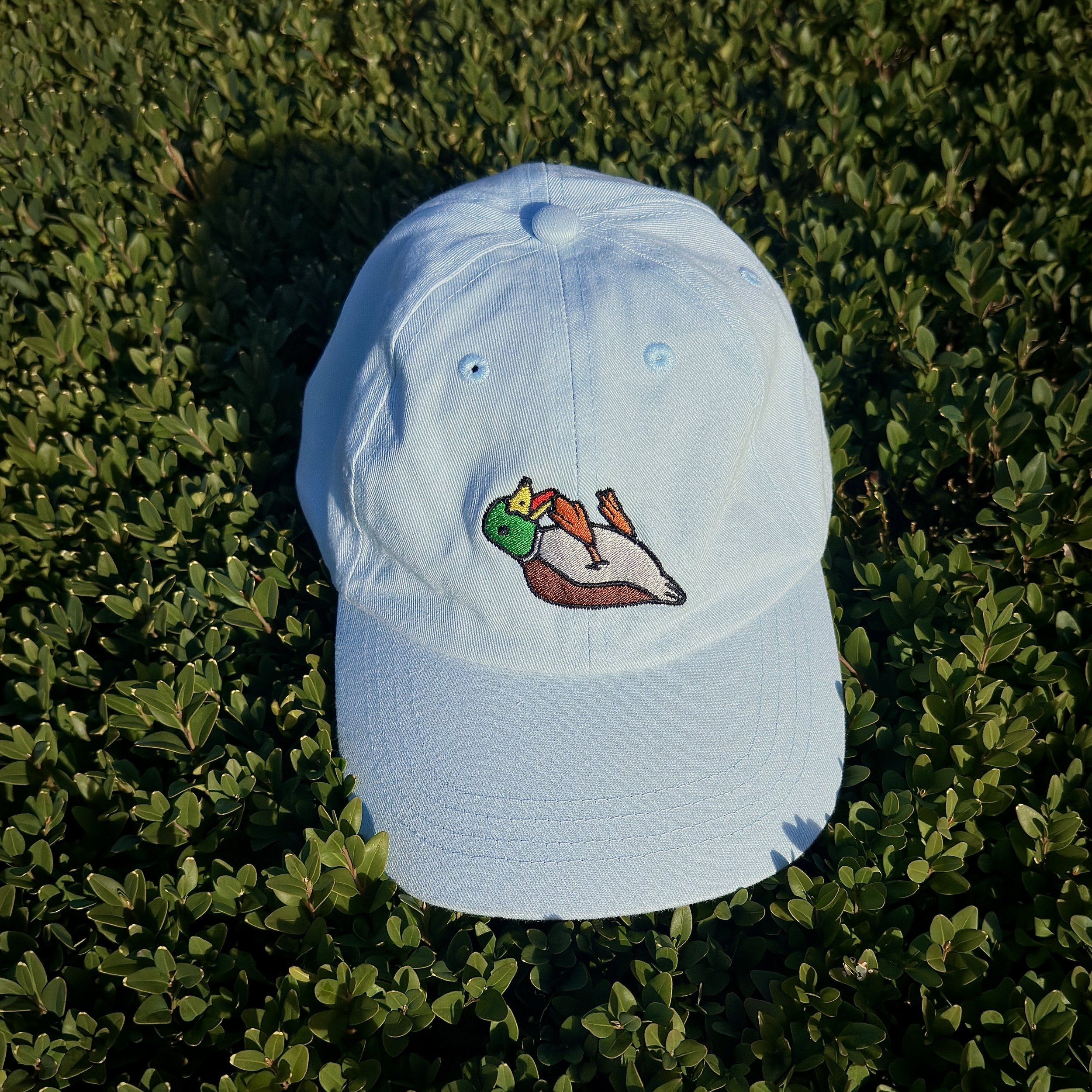 White baseball cap with a colorful embroidered duck lying down, placed on green dense shrubbery.